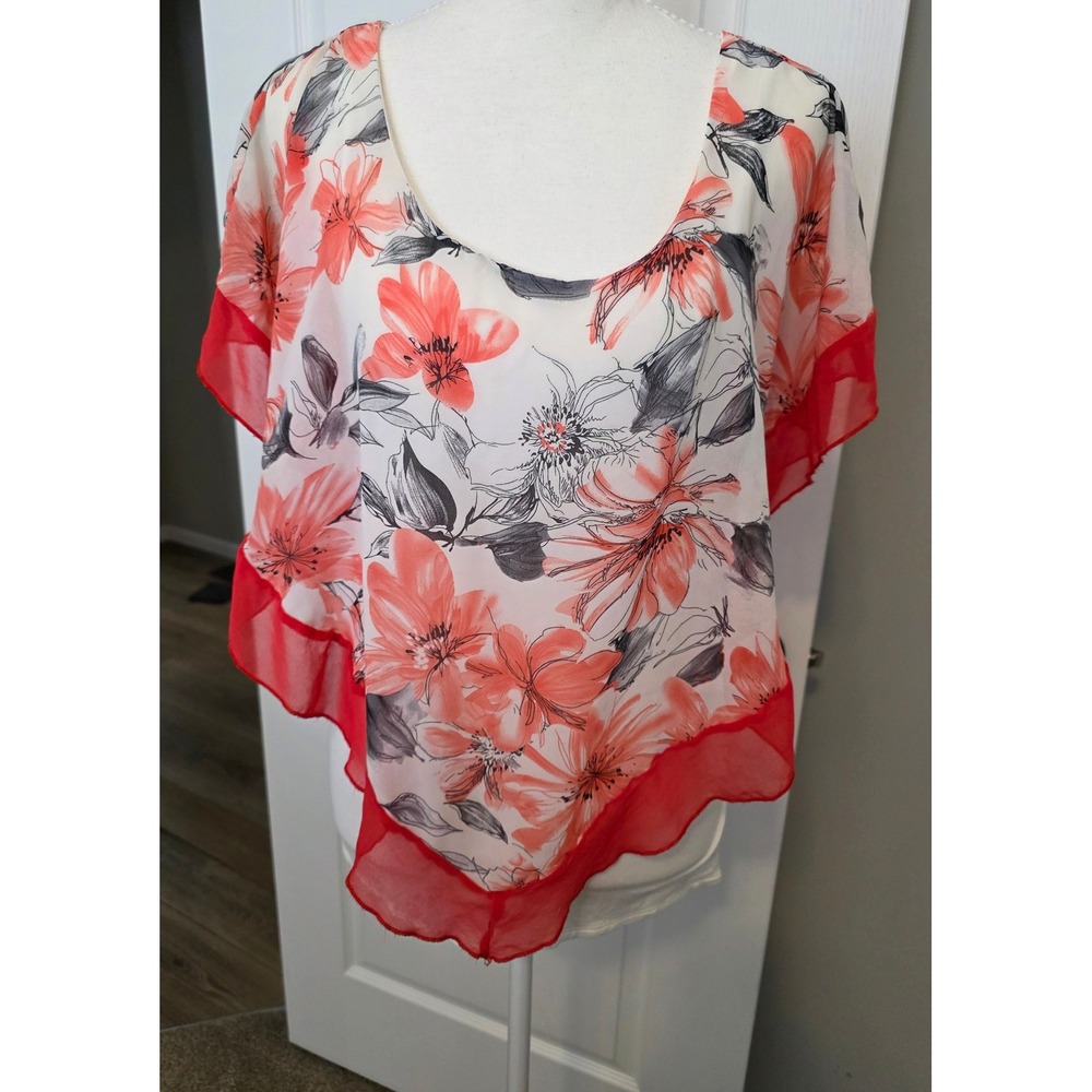 NAIF Floral Chiffon Overlay Blouse Sz S Coral Red White Scoop Neck‎ Asymmetric